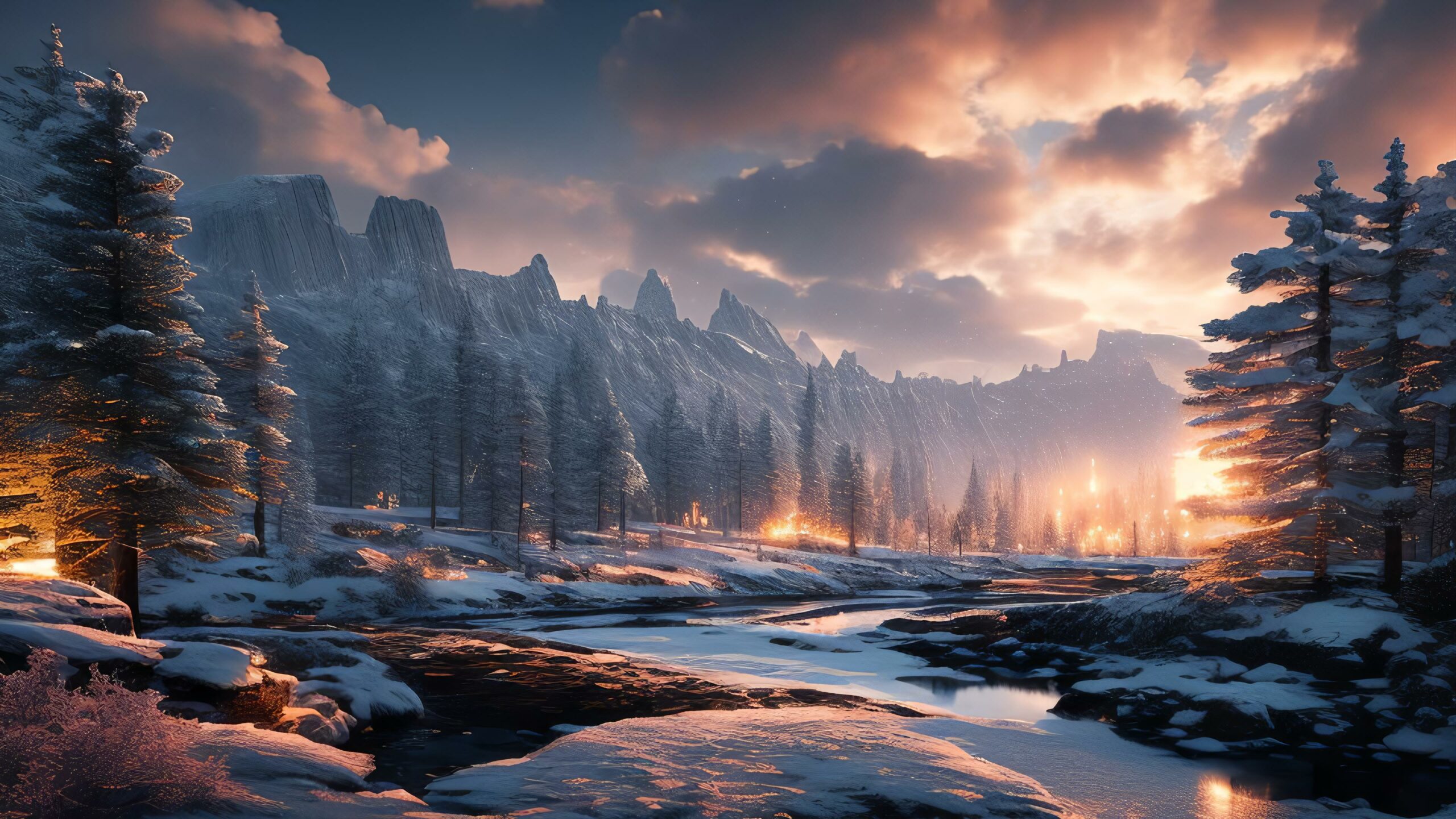 Обои заснеженный горный пейзаж 4K, FullHD 1920x1080 - Скачать 16:9