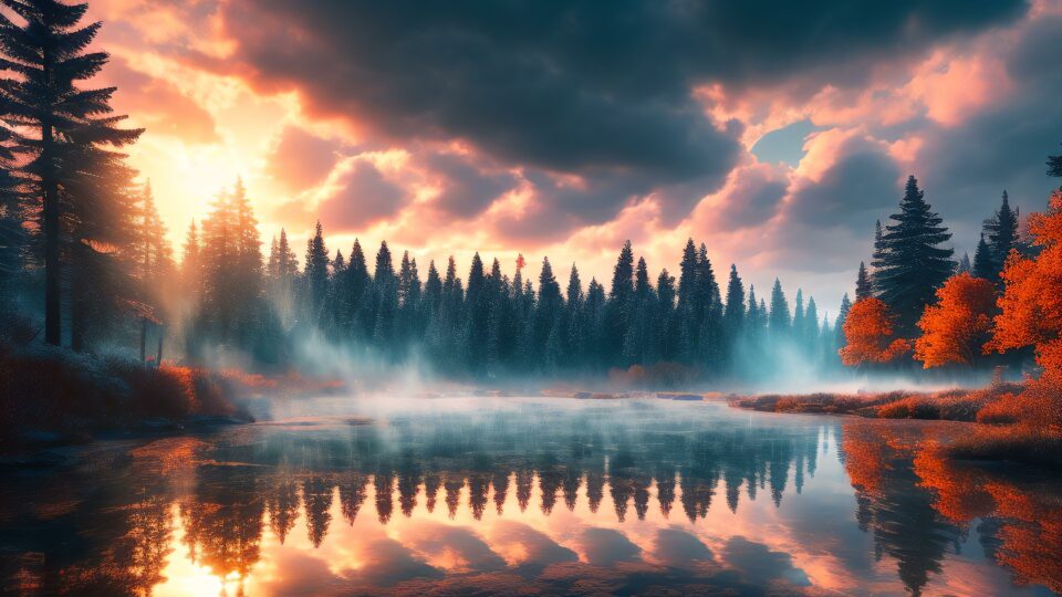 Обои озеро, окруженное деревьями и туманом 4K, FullHD 1920×1080
